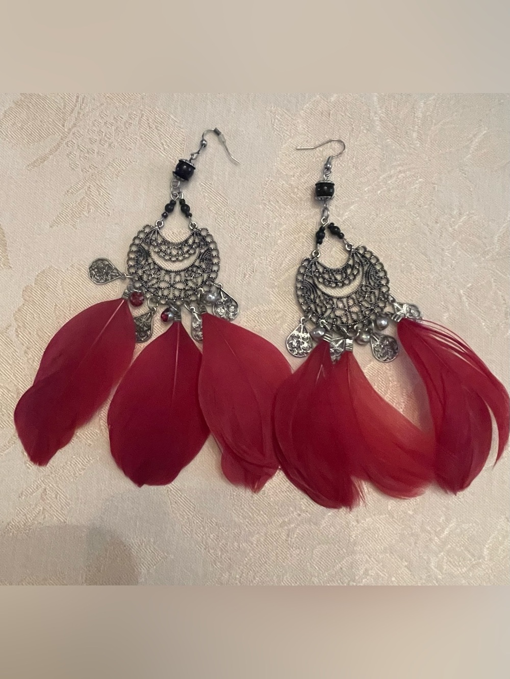Boho Feather Dangle Earrings - Red 6.5” drop
